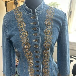 Ornate Baroque Denim Corset Jacket – Gold Embroidery & Button Detail